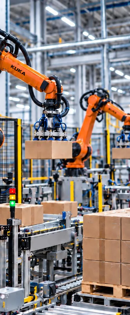 Orange industrial robots handling cartons on a packing line